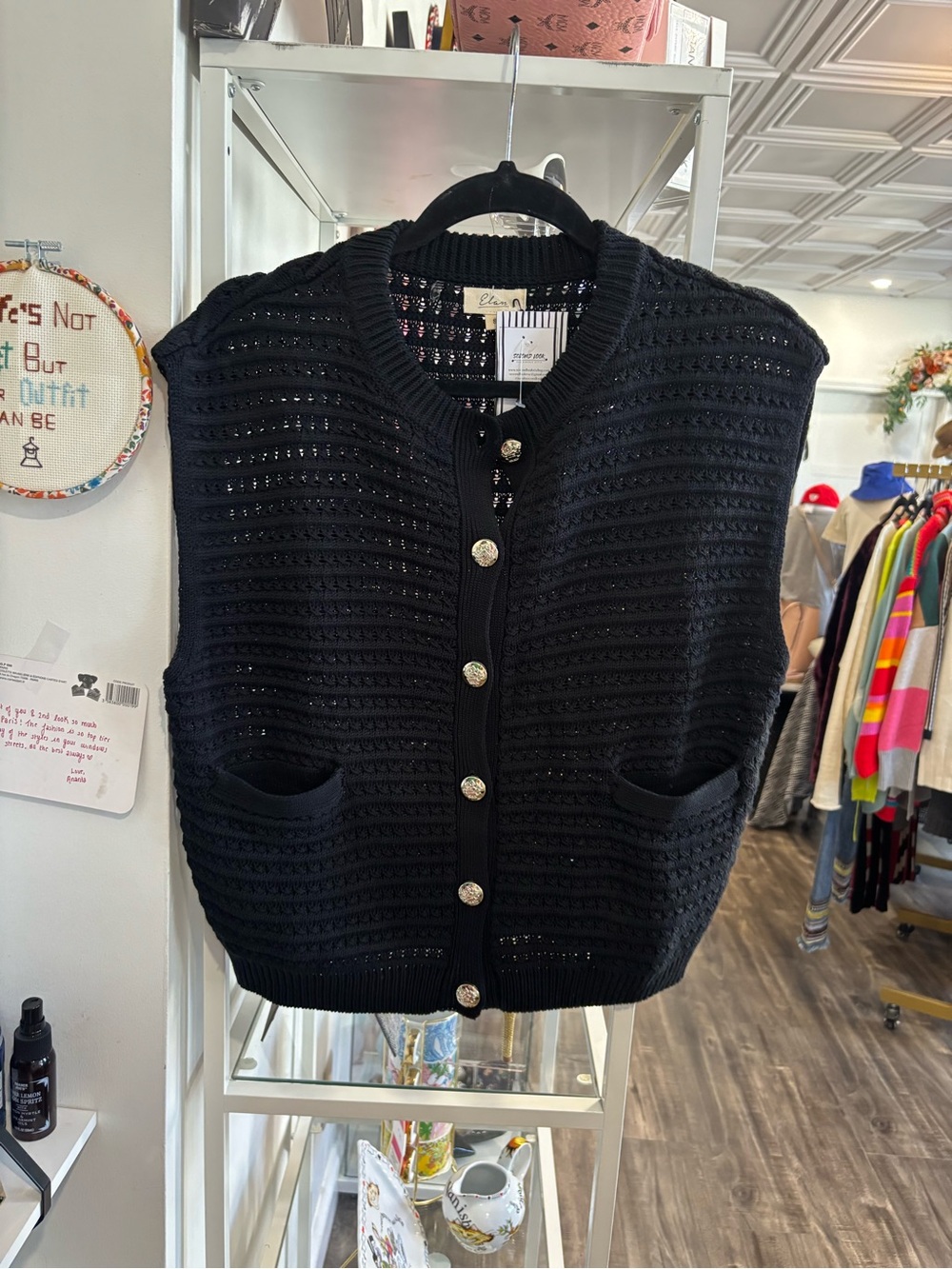 Elan Black Knit Button-Front Sleeveless Sweater Vest